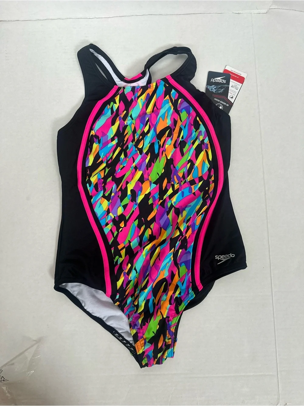 Speedo Black One-Piece with Bright Multi-Color Abstract Front